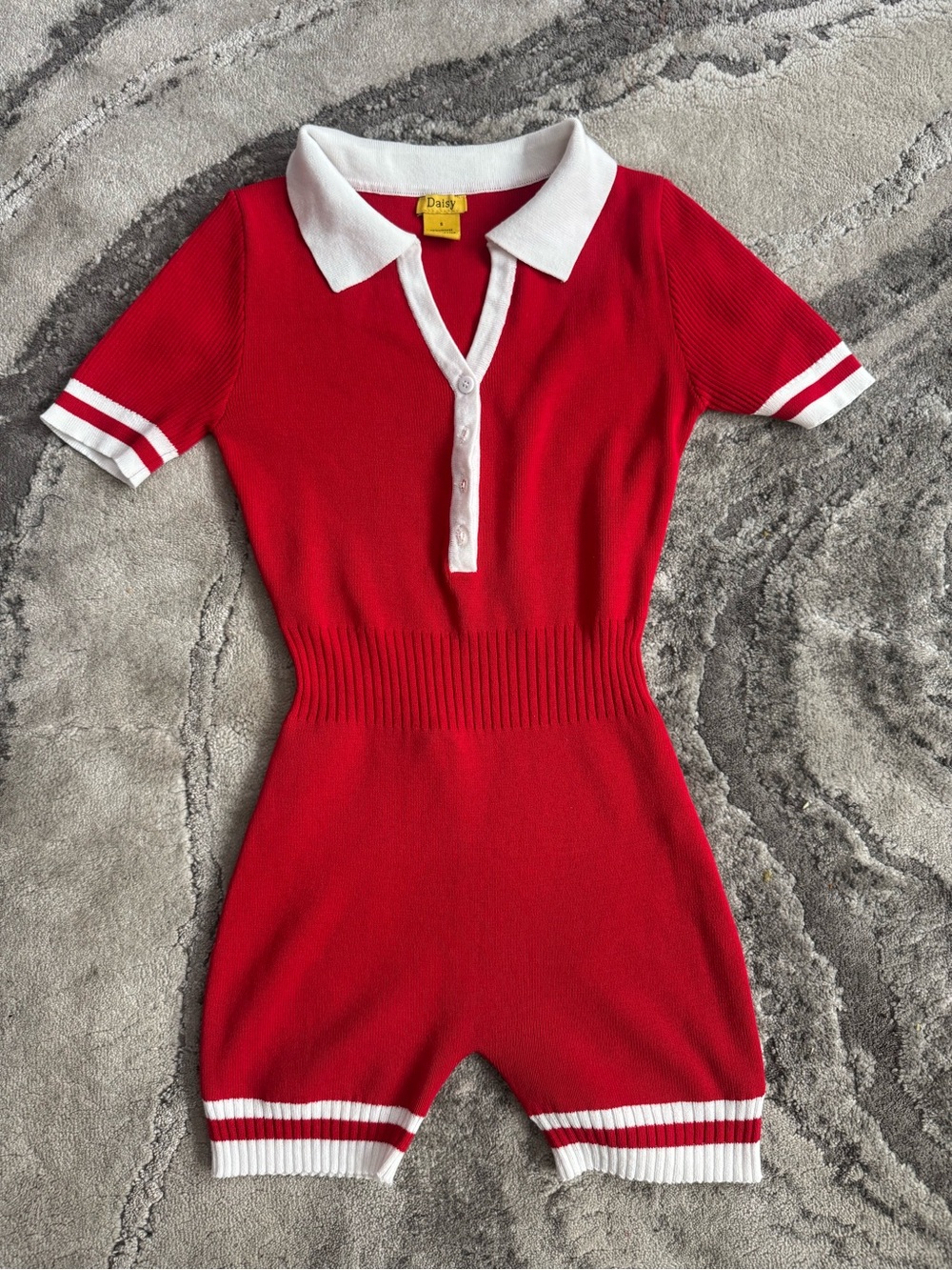Daisy Red Knit Polo Romper with White Trim